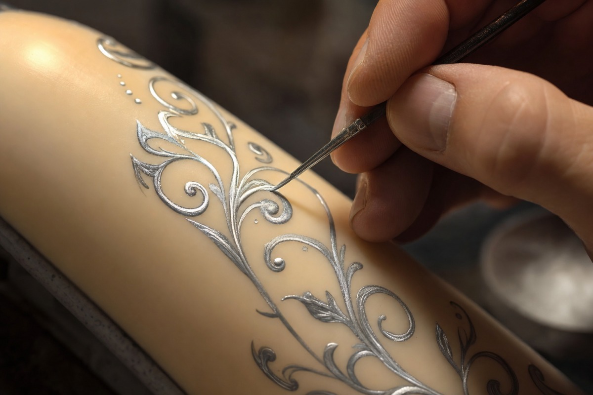 Sidabrinio ornamento tapymas plonu teptuku ant žvakės paviršiaus ranka