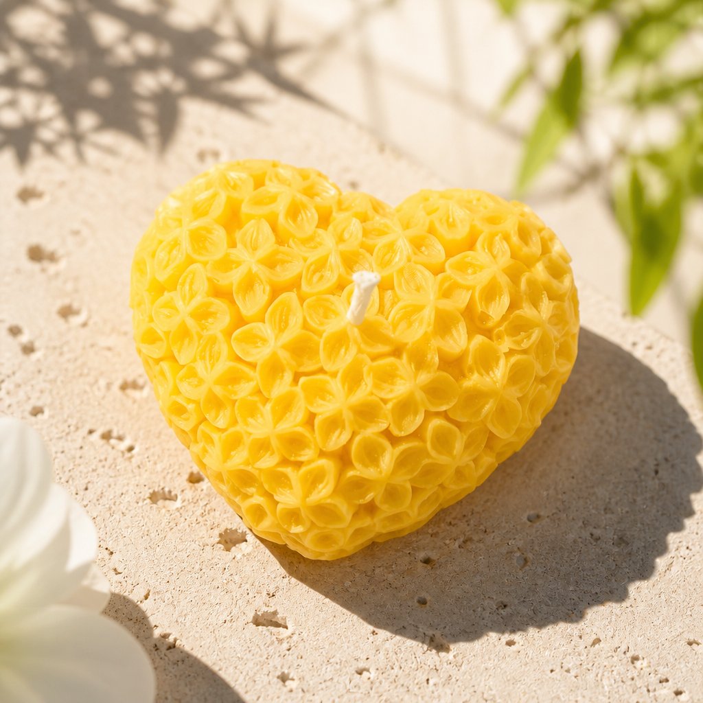 Dekoratyvi žvakė Žydinti širdis - geltona / Žalioji citrina, Bazilikas, Mandarinas